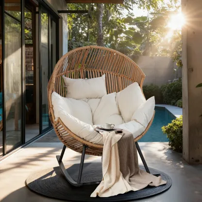 Sillón mecedora de mimbre para interiores y exteriores; silla tipo huevo de gran tamaño con cojín y capacidad de carga de 450 libras; ideal para dormitorio, balcón o jardín.