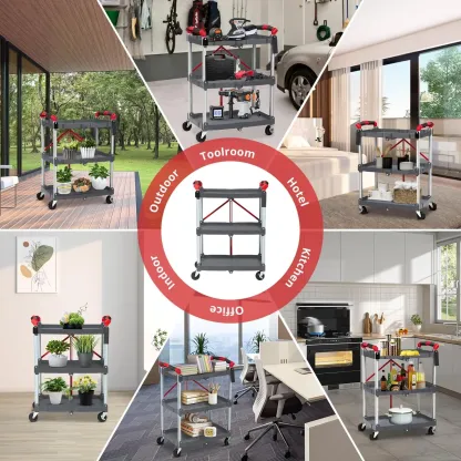 Carrito multiusos plegable de 3 niveles para el hogar y la oficina: capacidad de 150 libras, ruedas giratorias de 360° con freno, listo para usar, organizador con ruedas versátil.