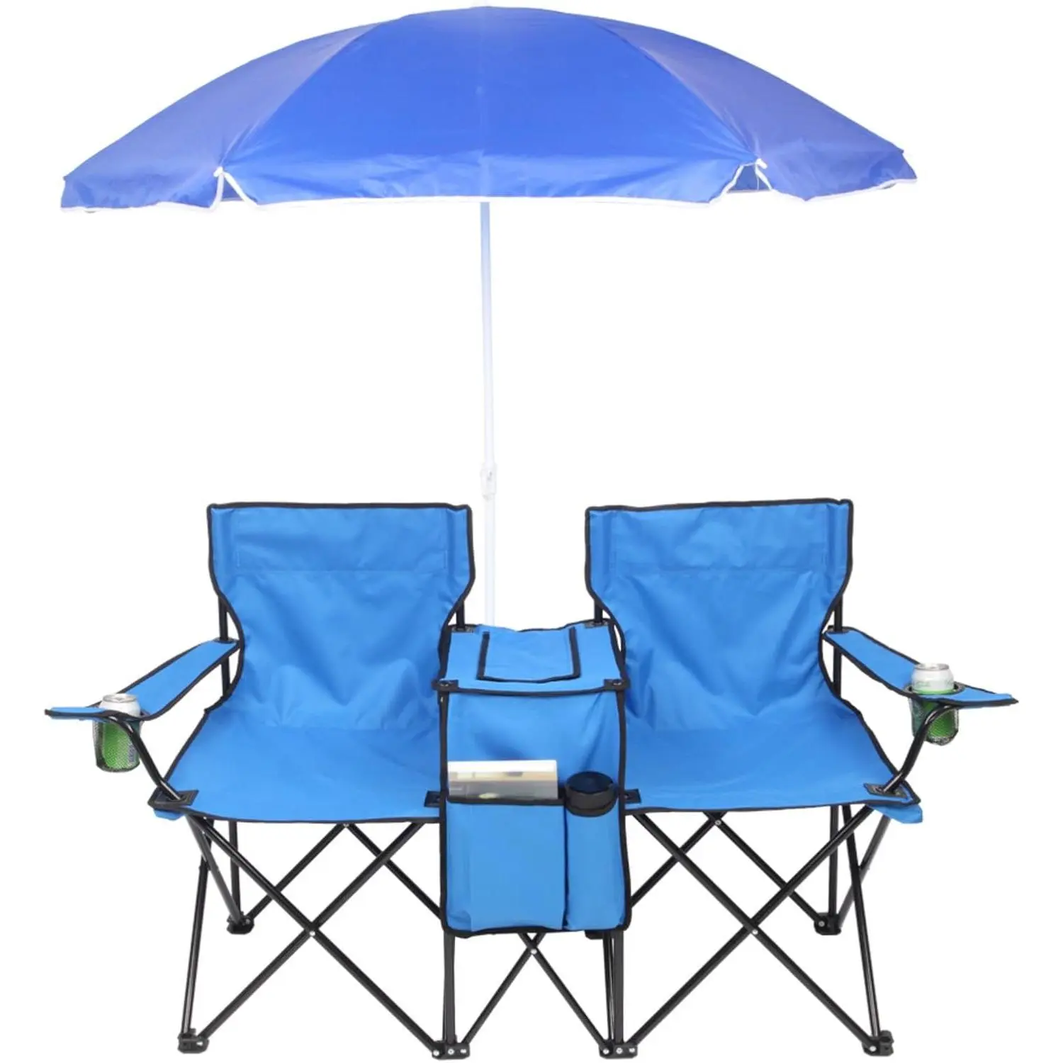 Silla Doble Plegable para Camping con Sombrilla, Portavasos, Nevera y Mesa Auxiliar, Resistente y Portátil para Playa, Patio, Piscina y Exterior (Azul)