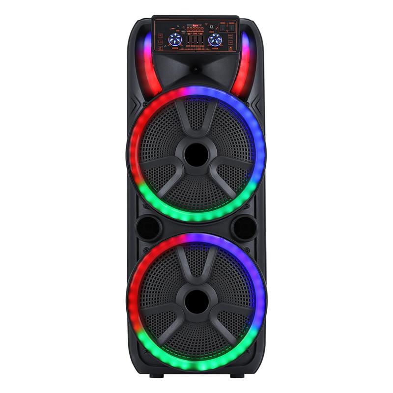 Sistema de altavoces para karaoke con doble woofer de 15 pulgadas — Altavoz portátil tipo "Party Box" con 2 micrófonos, Bluetooth inalámbrico, sonido estéreo, batería recargable, control remoto e iluminación LED.