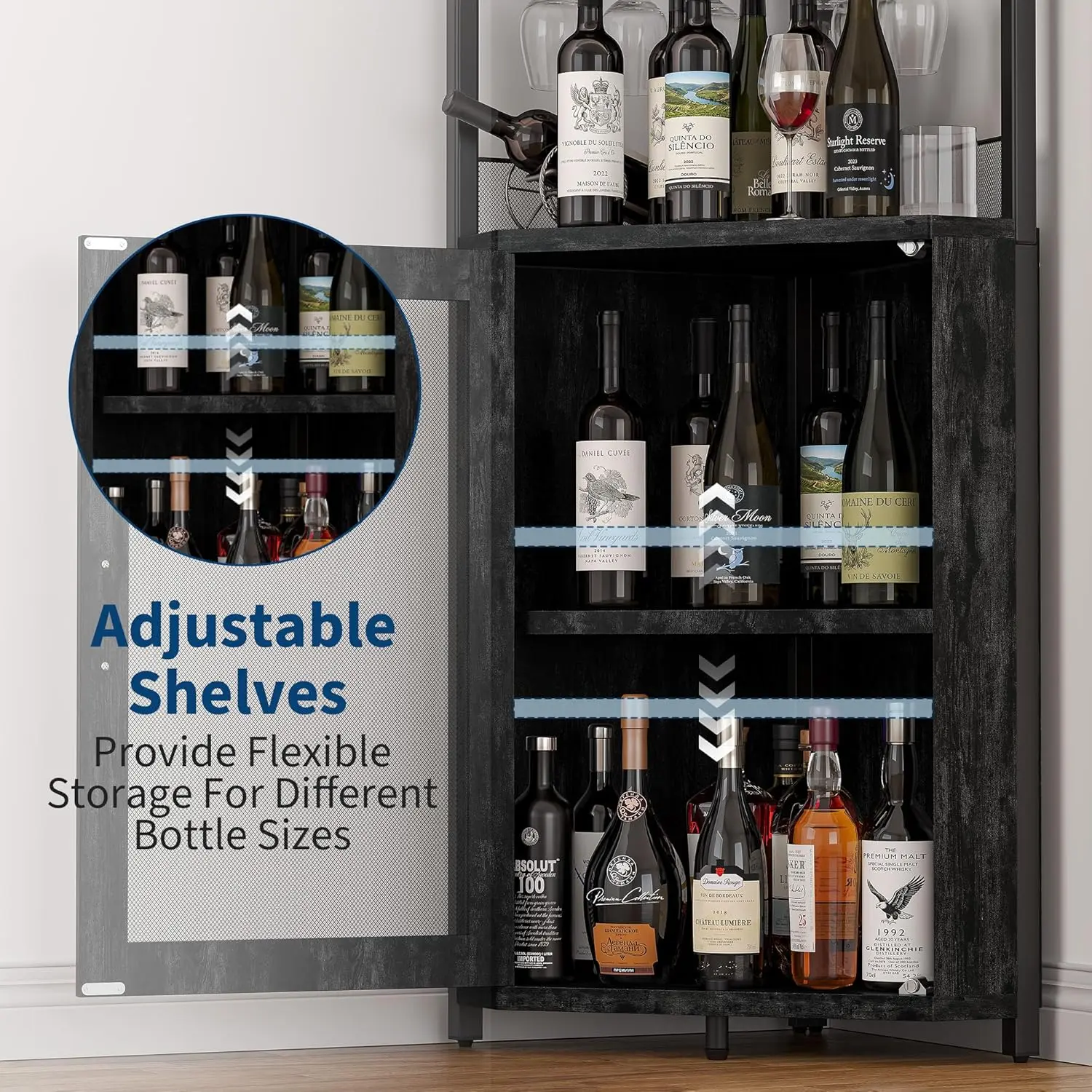 Mueble esquinero para vinos con estante extraíble y puerta estilo granero de 5 niveles