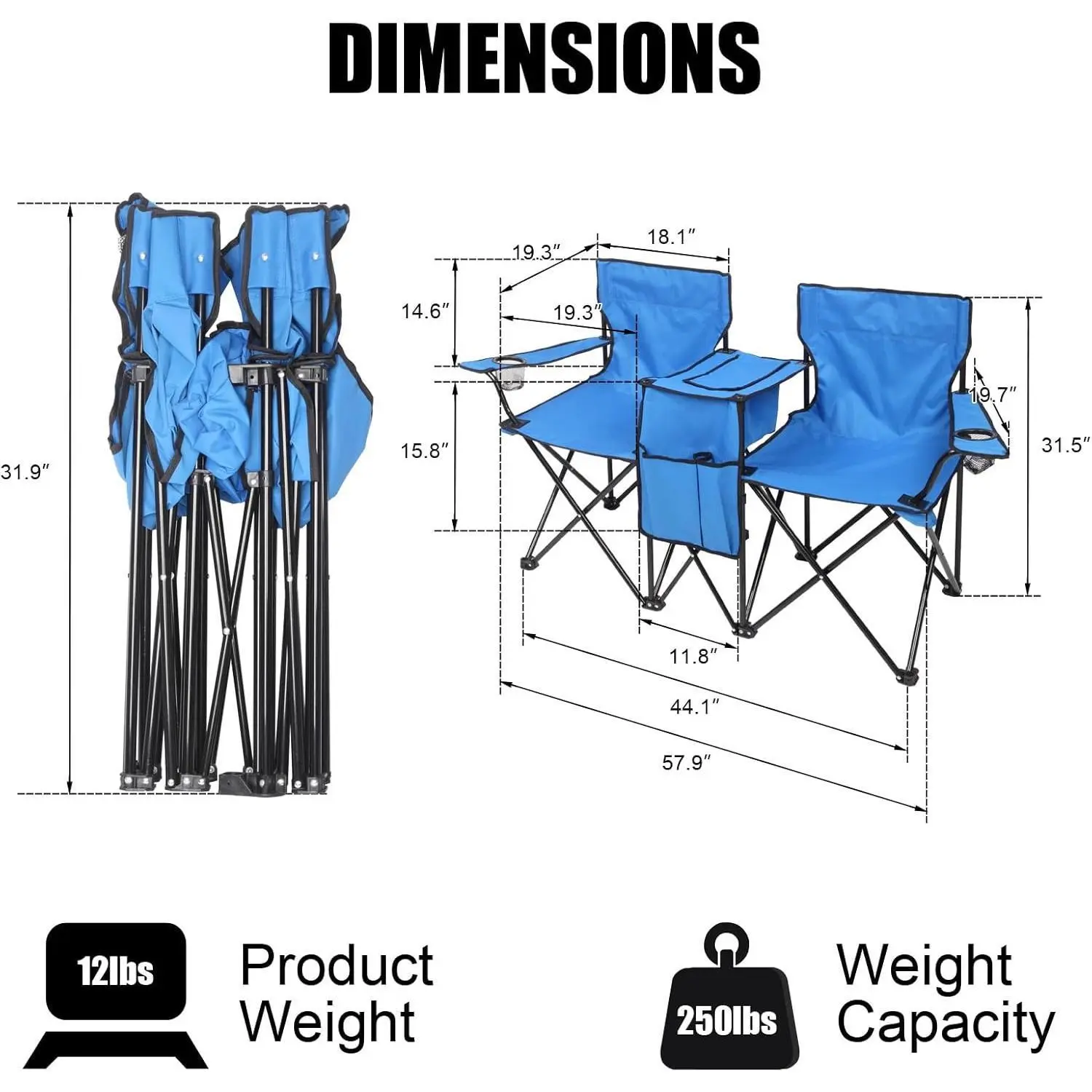 Silla Doble Plegable para Camping con Sombrilla, Portavasos, Nevera y Mesa Auxiliar, Resistente y Portátil para Playa, Patio, Piscina y Exterior (Azul)