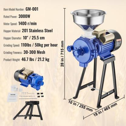 Molino eléctrico de granos, molinillo de especias de 3000 W, molino de maíz comercial con embudo, máquina pulverizadora de grosor ajustable, molino industrial de alta resistencia para cereales y trigo, molinillo para productos secos.