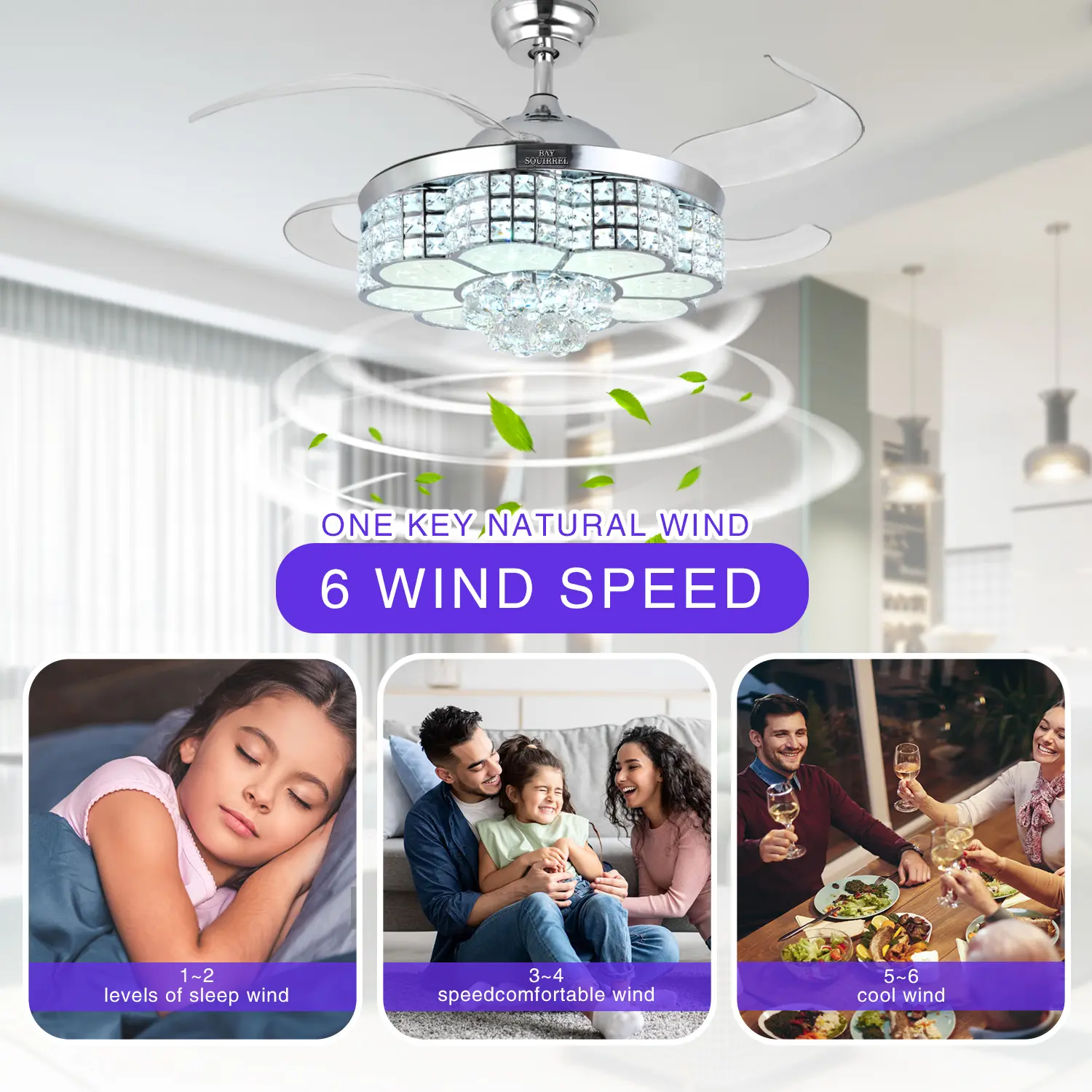 Ventilador de Techo Retráctil de Cristal con Altavoz, Control Remoto y APP, Motor Reversible de 6 Velocidades, Luz RGB Multicolor Ajustable, Luces LED Regulables, Iluminación Colorida, Luz Nocturna con Cambio de Color, Decoración para Habitación y Regalo