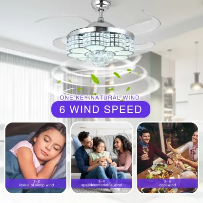 Ventilador de Techo Retráctil de Cristal con Altavoz, Control Remoto y APP, Motor Reversible de 6 Velocidades, Luz RGB Multicolor Ajustable, Luces LED Regulables, Iluminación Colorida, Luz Nocturna con Cambio de Color, Decoración para Habitación y Regalo