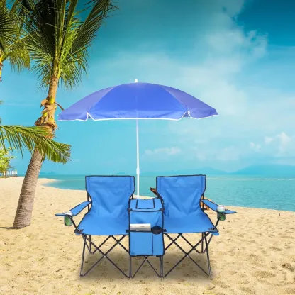 Silla Doble Plegable para Camping con Sombrilla, Portavasos, Nevera y Mesa Auxiliar, Resistente y Portátil para Playa, Patio, Piscina y Exterior (Azul)