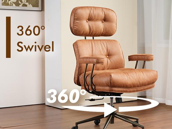 【SohoChic Sale】OVIOS Oversized Home Office Chair with Extra-Wide Seat, Big & Tall High Back Executive Chair, Mid-Century Modern Faux Leather Swivel Rolling Computer Desk Chair with Thick Cushions & Armrests