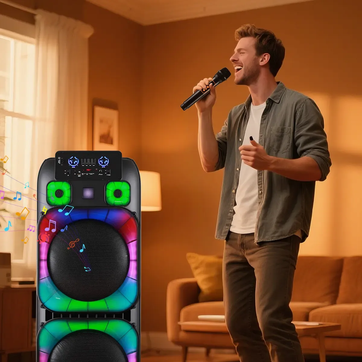 Sistema de Altavoces PA Bluetooth Portátil de Alta Potencia con Doble Bocina de 15", Inalámbrico y Recargable, Incluye Dos Micrófonos Inalámbricos, Control Remoto, Luces LED Multicolor para Fiestas y Sonido Estéreo, Ideal para DJ y Eventos