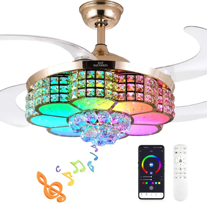 Ventilador de Techo Retráctil de Cristal con Altavoz, Control Remoto y APP, Motor Reversible de 6 Velocidades, Luz RGB Multicolor Ajustable, Luces LED Regulables, Iluminación Colorida, Luz Nocturna con Cambio de Color, Decoración para Habitación y Regalo