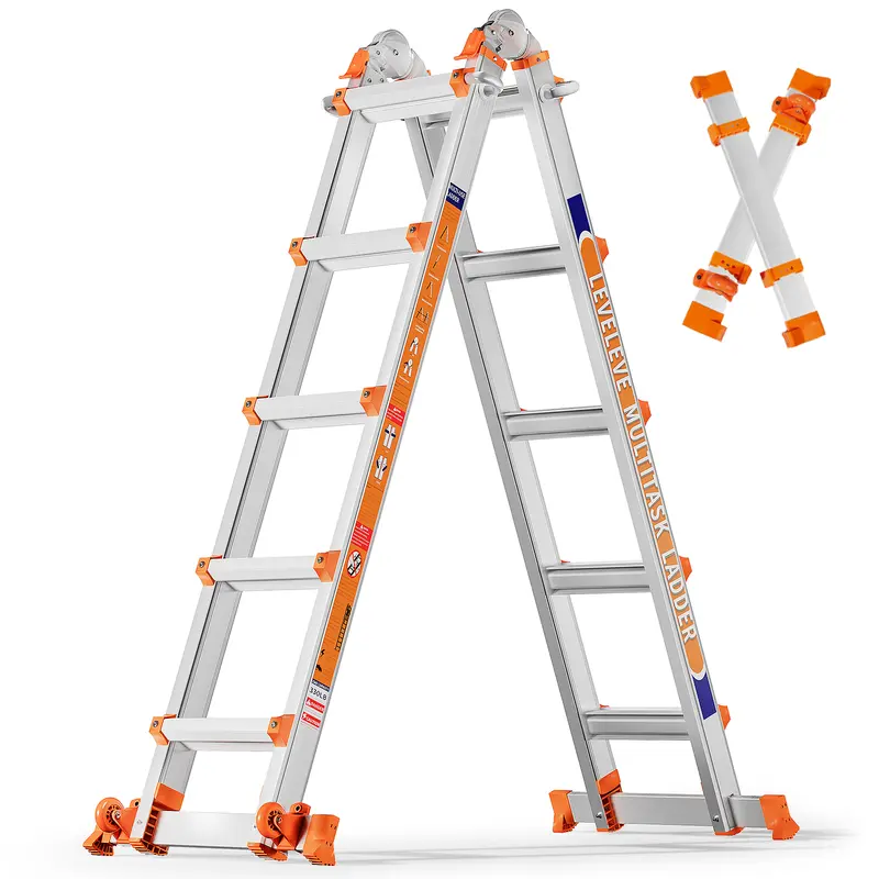 Escalera extensible multiposición, escalera de tijera tipo A con barra estabilizadora y ruedas; capacidad de carga segura de 330 lb; segura para escaleras, el hogar, interiores, exteriores y trabajos en techos.