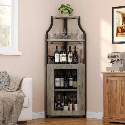 Mueble esquinero para vinos con estante extraíble y puerta estilo granero de 5 niveles