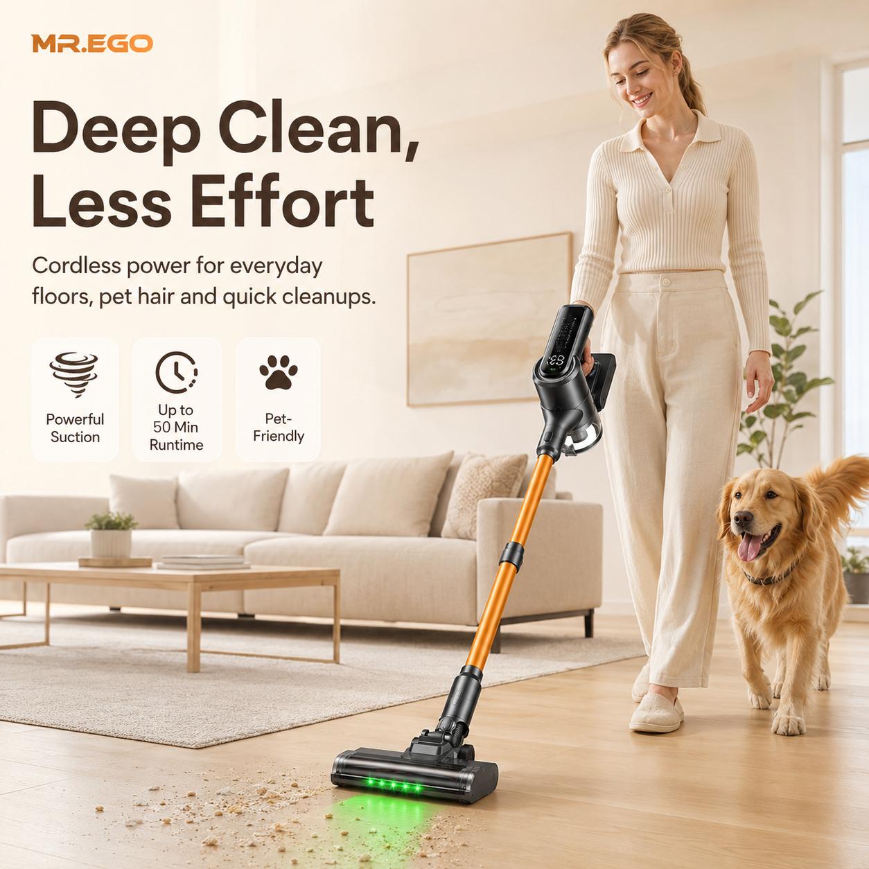 MR.EGO Cordless Vacuum Cleaner, Stick Vacuum Cordless Rechargeable with Powerful Suction for Home, 50 Min Run, Anti-Tangle and Self-Stand, 6 in 1 Lightweight Vacuum for Hard Floors Carpet Pet Hair,dorm essentials,home essentials
