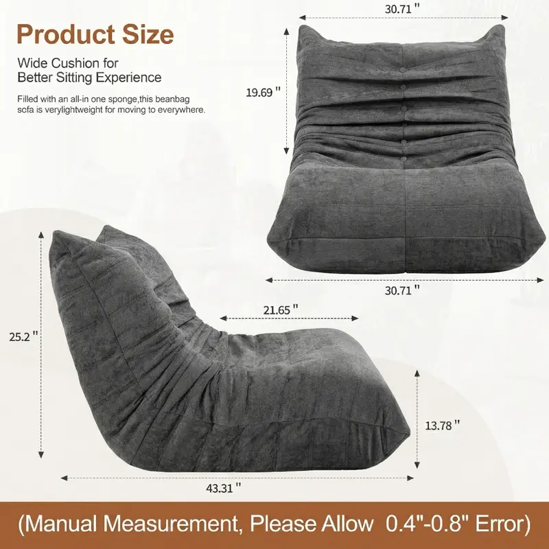 Sillón tipo puf para adultos, sofá puf extragrande relleno de espuma viscoelástica para el hogar o apartamento; sofá tipo «perezoso» con relleno y funda de piel sintética, ideal para niños y mascotas.