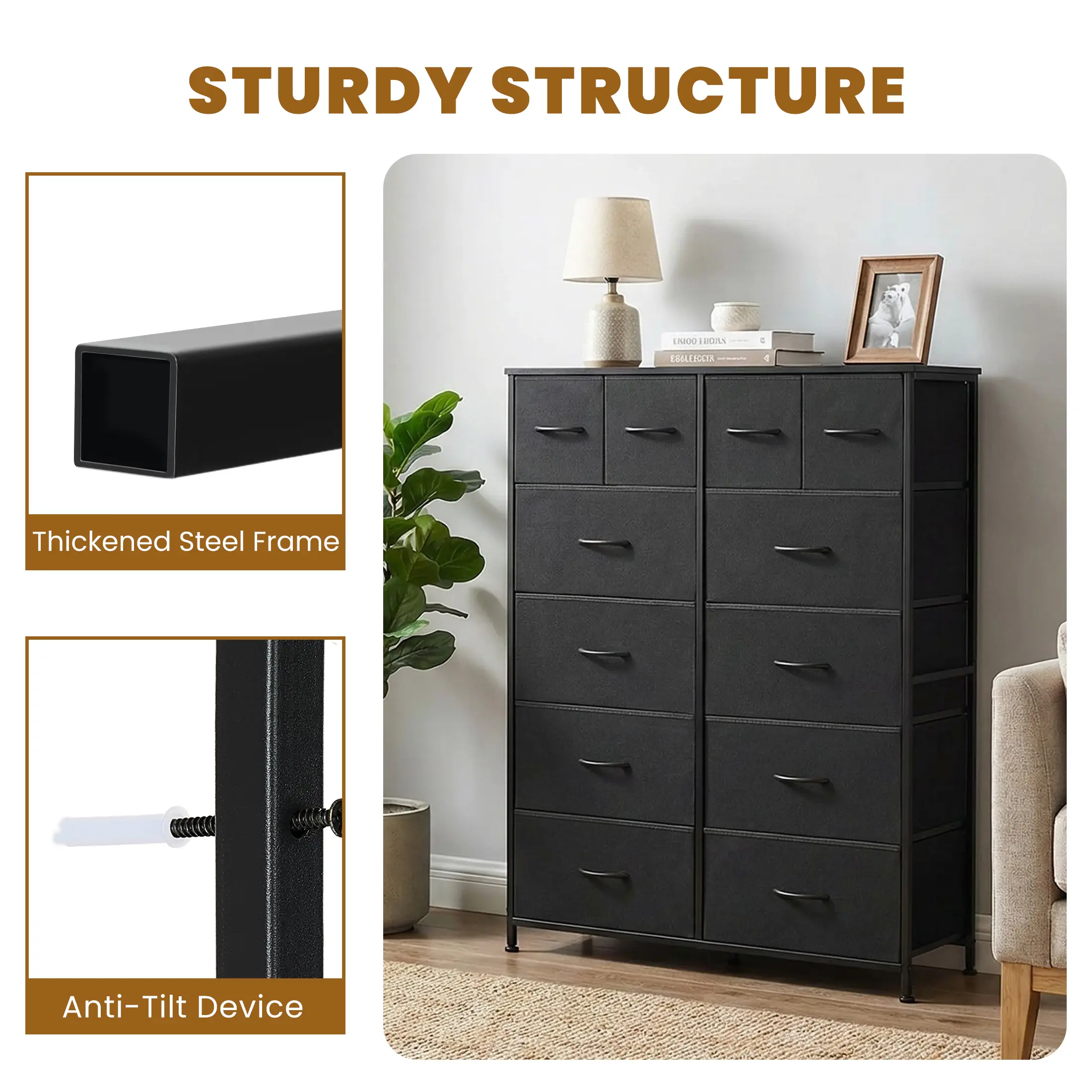 Cómoda de tela con 12 cajones: mueble de almacenamiento práctico para dormitorios, solución de organización para el hogar y la oficina, cajones de tela extraíbles, múltiples cajones de almacenamiento.