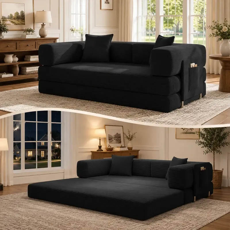 Sofá cama futón convertible de pana de 78,8 pulgadas; sofá sin estructura rígida que no requiere montaje, con bolsillo de almacenamiento para sala de estar; color verde; ideal para dormitorios y decoración del hogar.