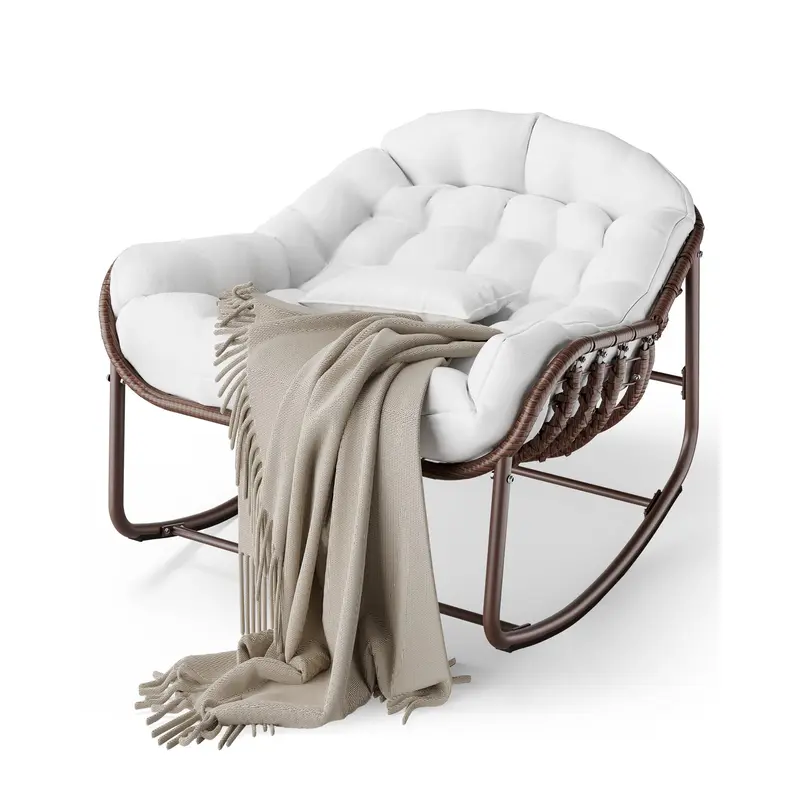 Silla Mecedora Tipo Huevo Papasan XL para Exterior, de Ratán Sintético, con Cojín Grueso Impermeable, Estructura Metálica Reforzada, Ideal para Balcón, Patio, Porche y Sala, Soporta hasta 450 lb