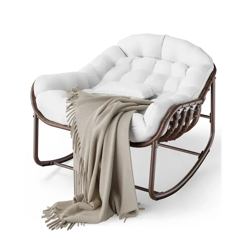Silla Mecedora Tipo Huevo Papasan XL para Exterior, de Ratán Sintético, con Cojín Grueso Impermeable, Estructura Metálica Reforzada, Ideal para Balcón, Patio, Porche y Sala, Soporta hasta 450 lb