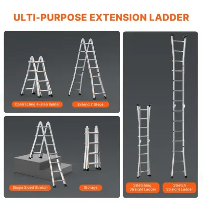 Escalera telescópica de 12.5 pies — De aluminio, ligera, multiusos y plegable — Retracción con un solo toque — Alta resistencia (capacidad máx. de 330 lb) con pies antideslizantes — Ideal para el hogar, trabajos al aire libre y acceso a desvanes.