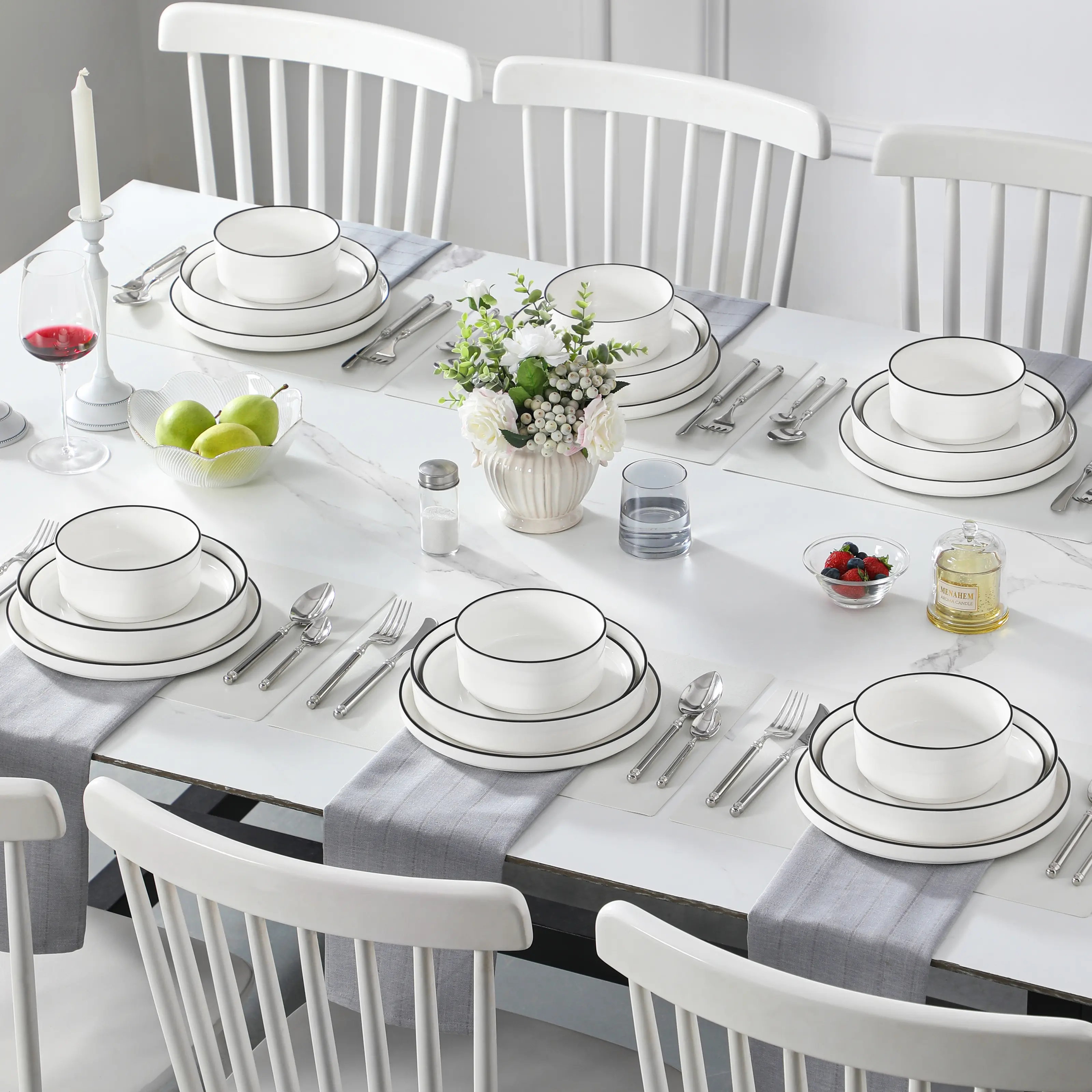 Juego de vajilla de porcelana: servicio de vajilla de cerámica para 4 o 6 personas; incluye platos, cuencos y platos para pasta resistentes a los golpes, aptos para microondas y lavavajillas.