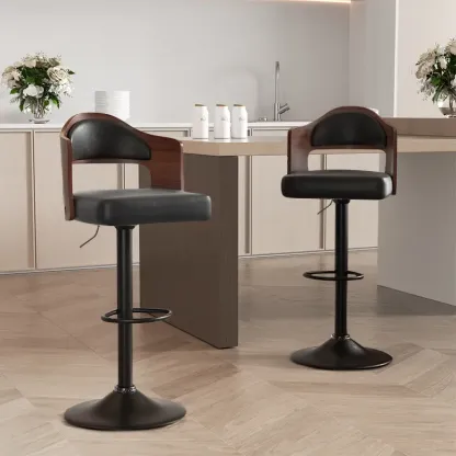 Juego de 1 o 2 taburetes de bar giratorios con altura ajustable (24,5-33,5 pulgadas); taburetes de madera tapizados en piel sintética, con respaldo y reposapiés, ideales para bar, cocina o comedor.
