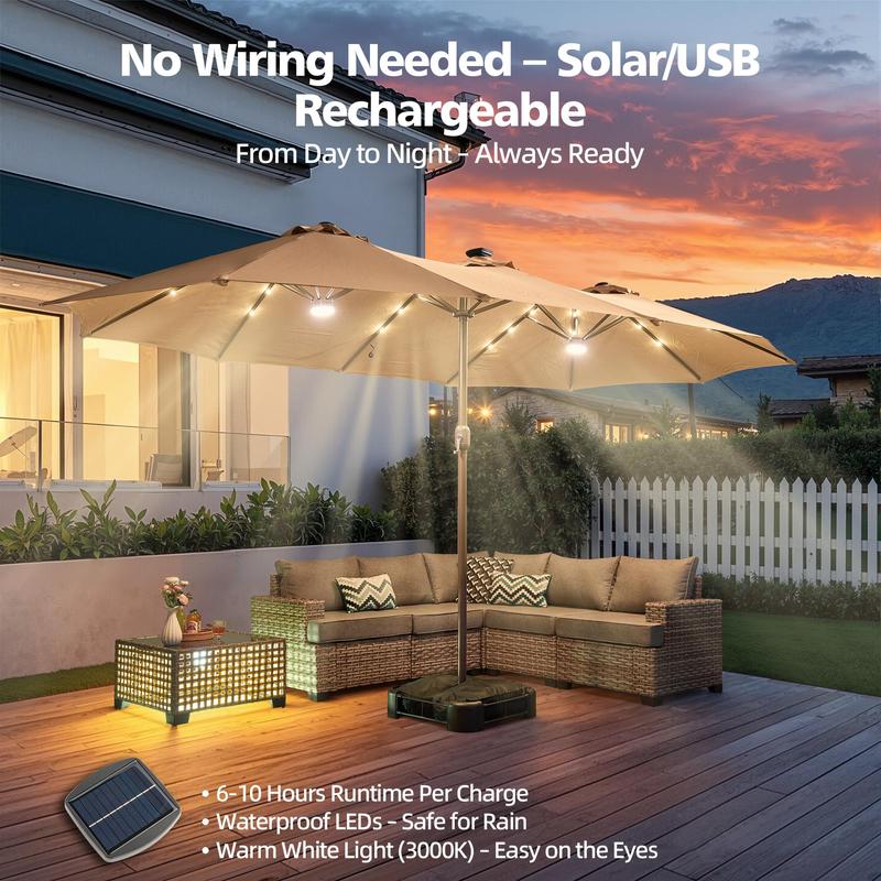 [Iluminación Mejorada de Mayor Brillo] Sombrilla de Patio Lateral Ajustable de Alta Gama (15 pies) con Luces Solares; Sombrilla de Piscina Exterior de Doble Cara y Tamaño Extra Grande con Manivela; Iluminación Solar con Cambio de Color y Protección UV; So