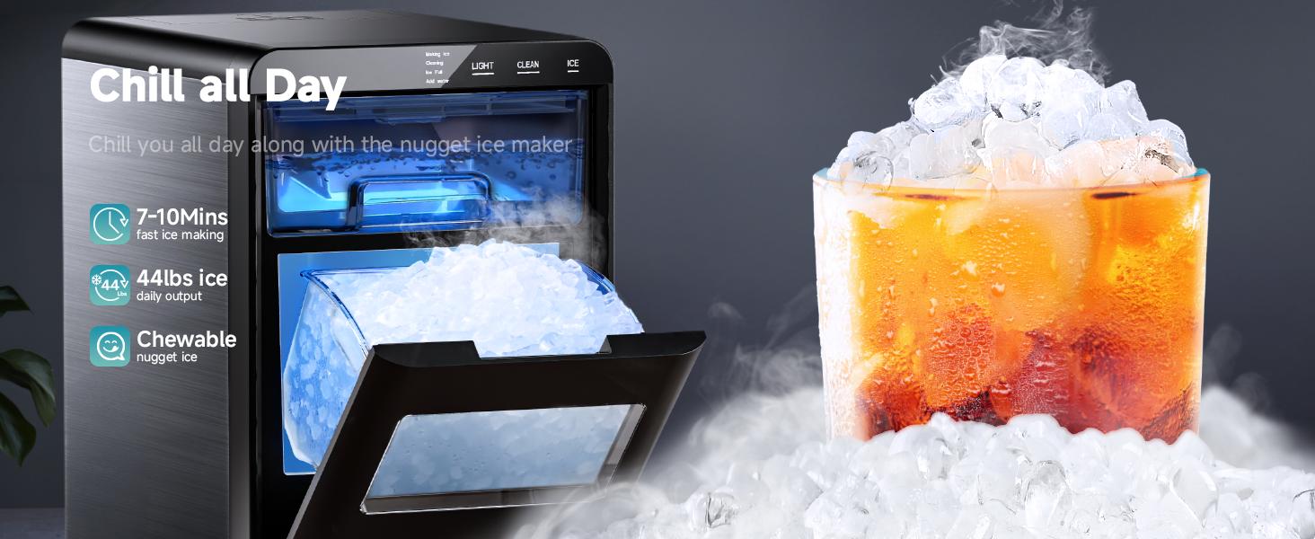 Euhomy Nugget Ice Maker Countertop, 44Lbs/24H Pebble Ice Maker Machine, Self-Cleaning Pellet Ice Machine with Ice Scoop&basket, Sonic Countertop Ice Machine for Home/Kitchen/Office(Black),home essentials