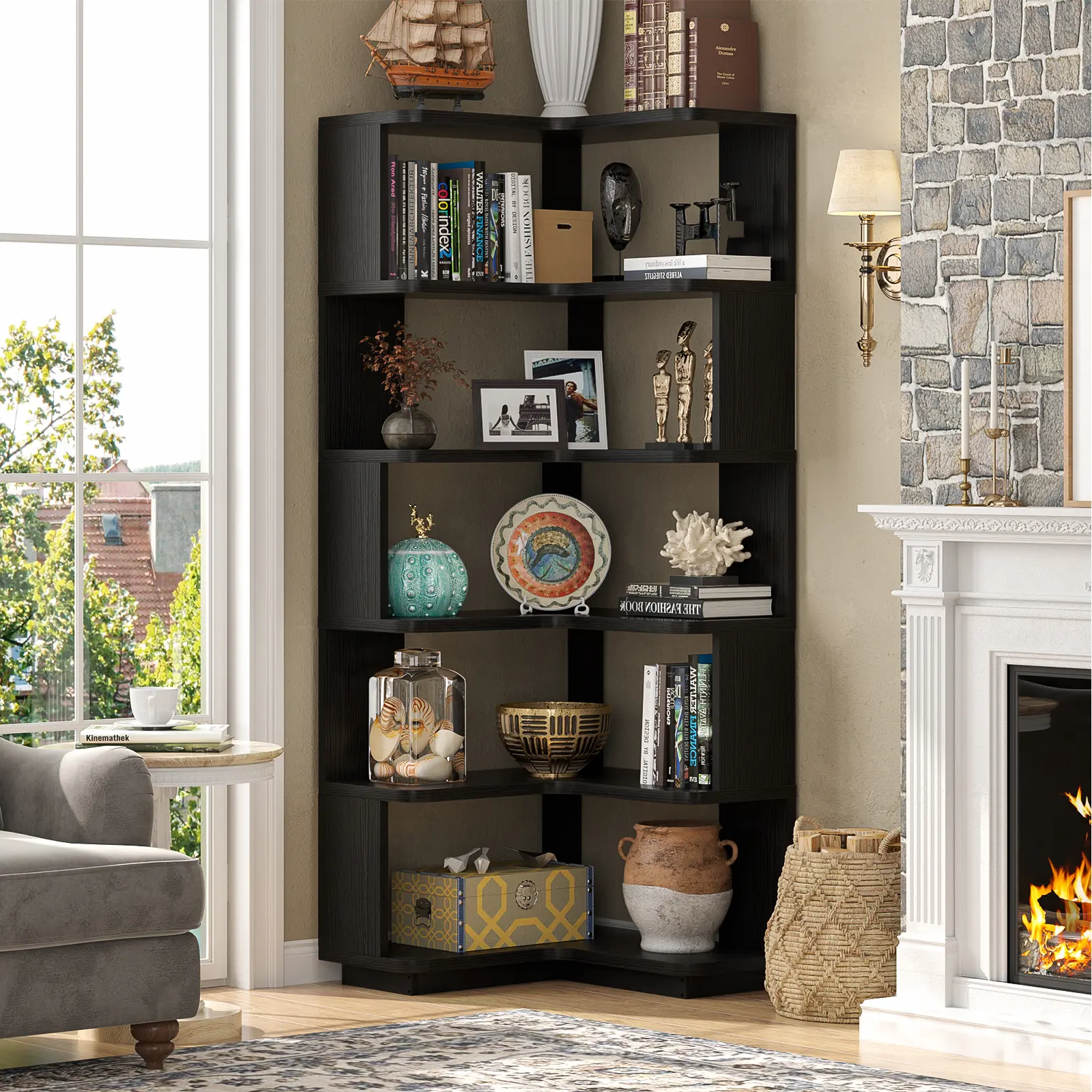 Estantería esquinera de madera, librería independiente en forma de L con panel divisorio, mueble expositor robusto con estantes para oficina en casa, sala de estar y dormitorio.