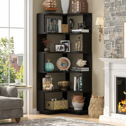 Estantería esquinera de madera, librería independiente en forma de L con panel divisorio, mueble expositor robusto con estantes para oficina en casa, sala de estar y dormitorio.