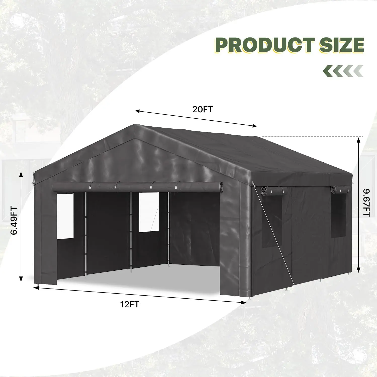 Cochera portátil resistente (opciones de 10x20, 12x20 o 20x20 pies) con ventanas enrollables y paredes laterales y puertas desmontables; refugio impermeable para automóviles, camionetas, SUV y embarcaciones (color gris).