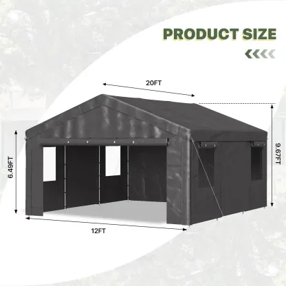 Cochera portátil resistente (opciones de 10x20, 12x20 o 20x20 pies) con ventanas enrollables y paredes laterales y puertas desmontables; refugio impermeable para automóviles, camionetas, SUV y embarcaciones (color gris).