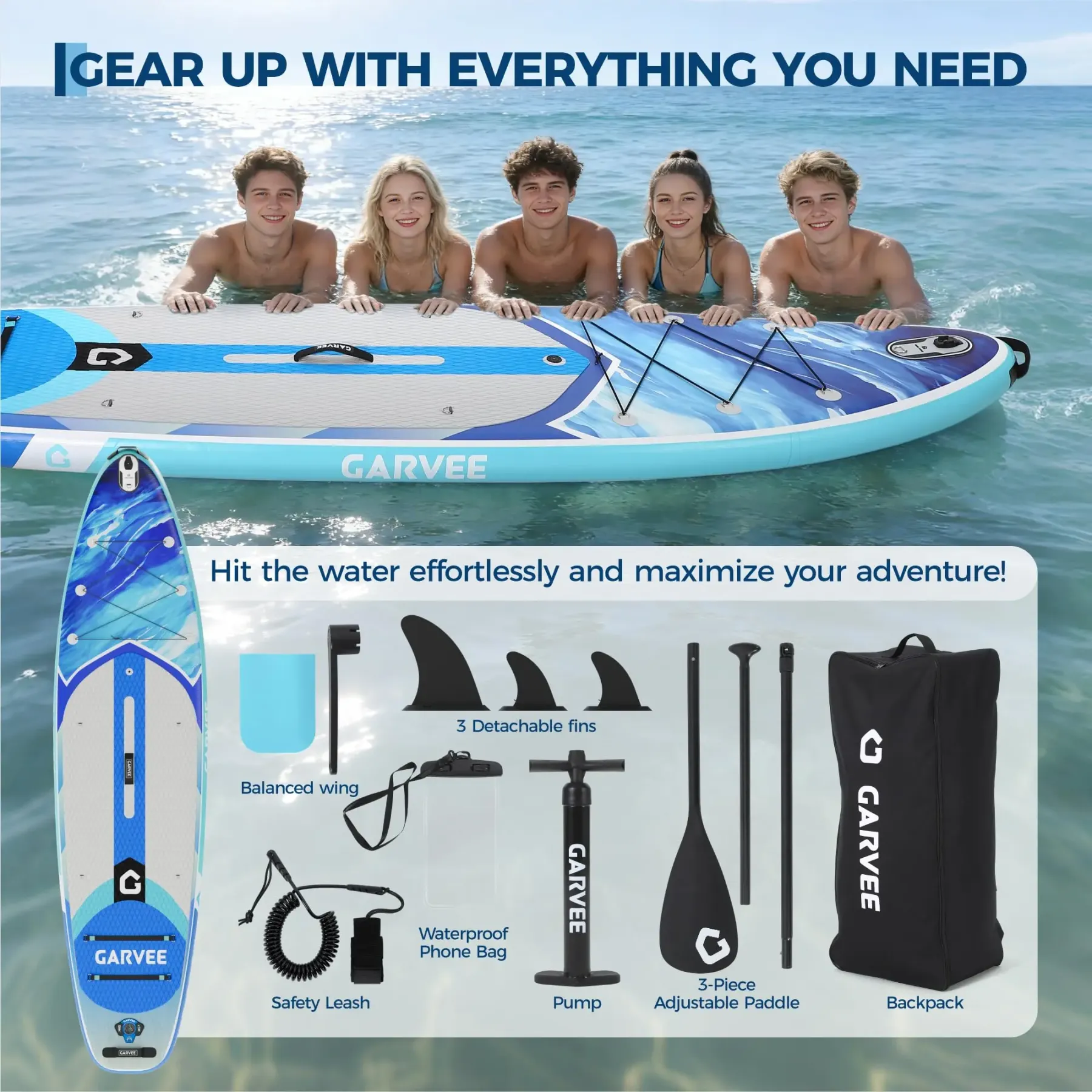 Tabla de paddle surf inflable extra ancha - 10'6" x 32" x 6" - Superficie estable y antideslizante - Capacidad de 450 libras - Accesorios de lujo: mochila, remo, bomba de aire y soporte para cámara - Ideal para yoga, pesca, surf y principiantes