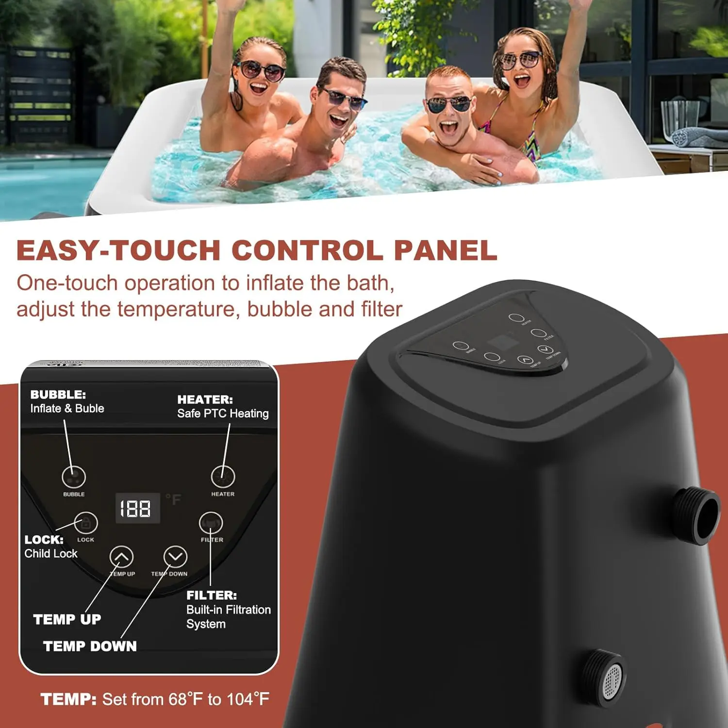 Spa Inflable Exterior para 4-6 Personas, Jacuzzi Portátil con 130 Chorros de Burbujas, Bomba de Calor y Filtro, Ideal para Patio y Jardín