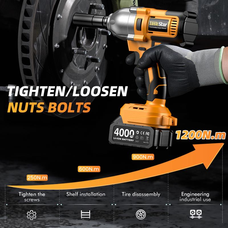 Llave de impacto inalámbrica de 1200 N·m, 1/2 pulgada, 886 ft-lbs de alto torque, con 2 baterías de 4.0 Ah, cargador rápido y 5 vasos, barra de extensión, puntas de destornillador, herramientas eléctricas y llave de carraca.