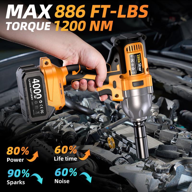Llave de impacto inalámbrica de 1200 N·m, 1/2 pulgada, 886 ft-lbs de alto torque, con 2 baterías de 4.0 Ah, cargador rápido y 5 vasos, barra de extensión, puntas de destornillador, herramientas eléctricas y llave de carraca.