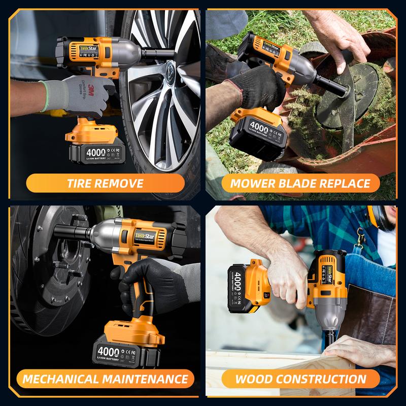 Llave de impacto inalámbrica de 1200 N·m, 1/2 pulgada, 886 ft-lbs de alto torque, con 2 baterías de 4.0 Ah, cargador rápido y 5 vasos, barra de extensión, puntas de destornillador, herramientas eléctricas y llave de carraca.