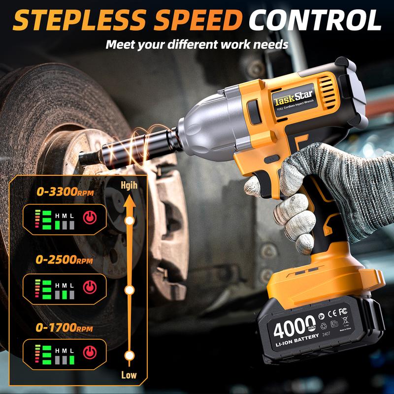Llave de impacto inalámbrica de 1200 N·m, 1/2 pulgada, 886 ft-lbs de alto torque, con 2 baterías de 4.0 Ah, cargador rápido y 5 vasos, barra de extensión, puntas de destornillador, herramientas eléctricas y llave de carraca.