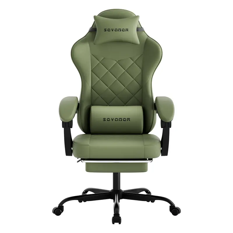 Silla Gaming Ergonómica Reclinable con Reposapiés, Cuero Transpirable, Soporte para Espalda, Asiento Amplio Acolchado, Capacidad de 300 lb, Ideal para Oficina, Gaming y Streaming