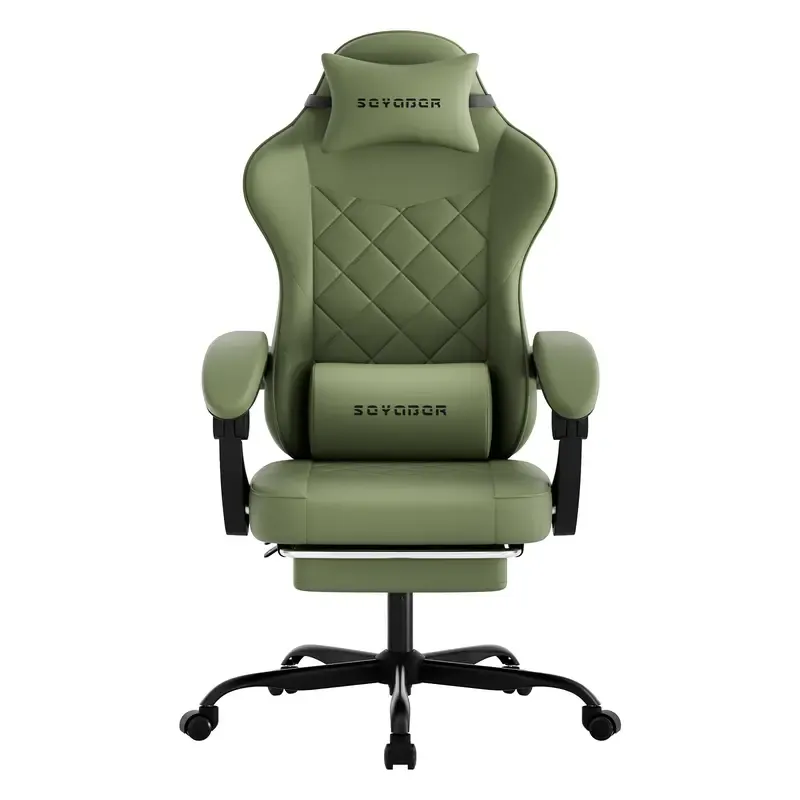 Silla Gaming Ergonómica Reclinable con Reposapiés, Cuero Transpirable, Soporte para Espalda, Asiento Amplio Acolchado, Capacidad de 300 lb, Ideal para Oficina, Gaming y Streaming