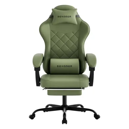 Silla Gaming Ergonómica Reclinable con Reposapiés, Cuero Transpirable, Soporte para Espalda, Asiento Amplio Acolchado, Capacidad de 300 lb, Ideal para Oficina, Gaming y Streaming