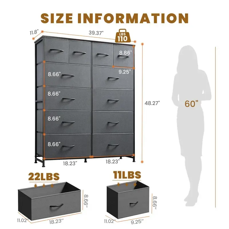 Cómoda de tela con 12 cajones: mueble de almacenamiento práctico para dormitorios, solución de organización para el hogar y la oficina, cajones de tela extraíbles, múltiples cajones de almacenamiento.
