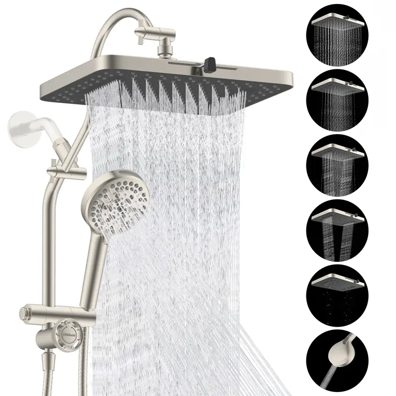 Sistema de Ducha de Alta Presión con Cabezal Fijo Tipo Lluvia de 13" y Ducha de Mano de 10 Modos, Brazo de Extensión de 12", Desviador de 4 Vías, Manguera de 71", Acabado Cromado, Certificación cUPC