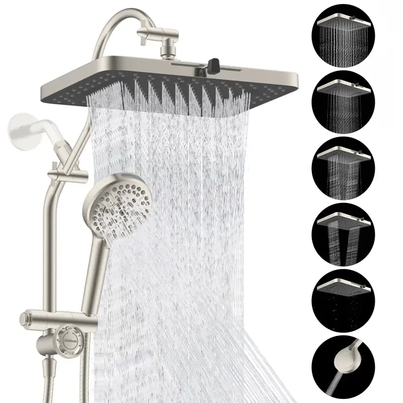 Sistema de Ducha de Alta Presión con Cabezal Fijo Tipo Lluvia de 13" y Ducha de Mano de 10 Modos, Brazo de Extensión de 12", Desviador de 4 Vías, Manguera de 71", Acabado Cromado, Certificación cUPC