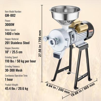 Molino eléctrico de granos, molinillo de especias de 3000 W, molino de maíz comercial con embudo, máquina pulverizadora de grosor ajustable, molino industrial de alta resistencia para cereales y trigo, molinillo para productos secos.