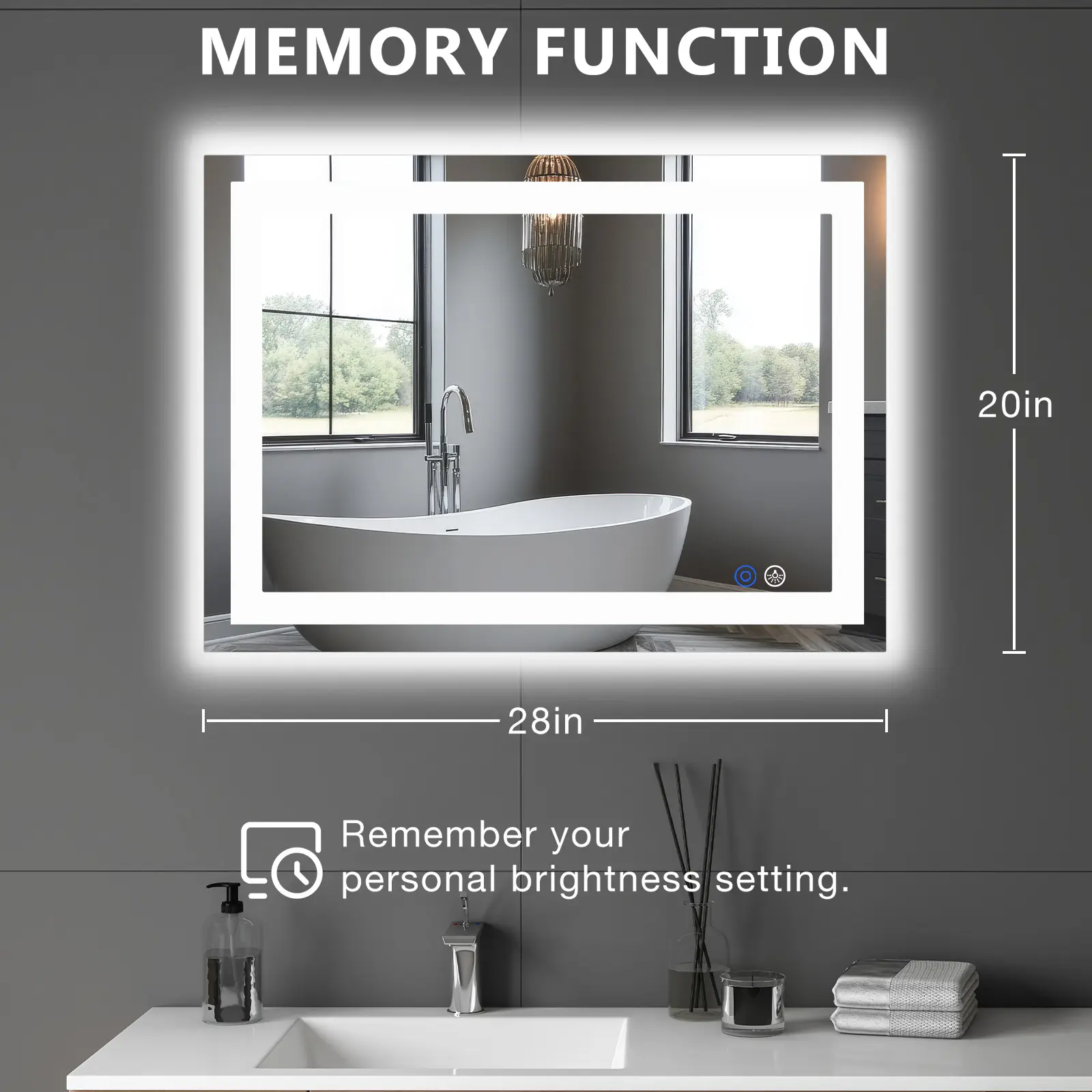 Espejo LED de Baño con Antivaho y Luz Regulable, Espejo de Pared con Iluminación Ajustable para Tocador