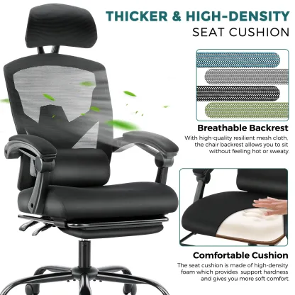 Silla de Oficina Ergonómica con Reposapiés, Reposacabezas Ajustable y Respaldo de Malla, Giratoria con Ruedas y Altura Regulable