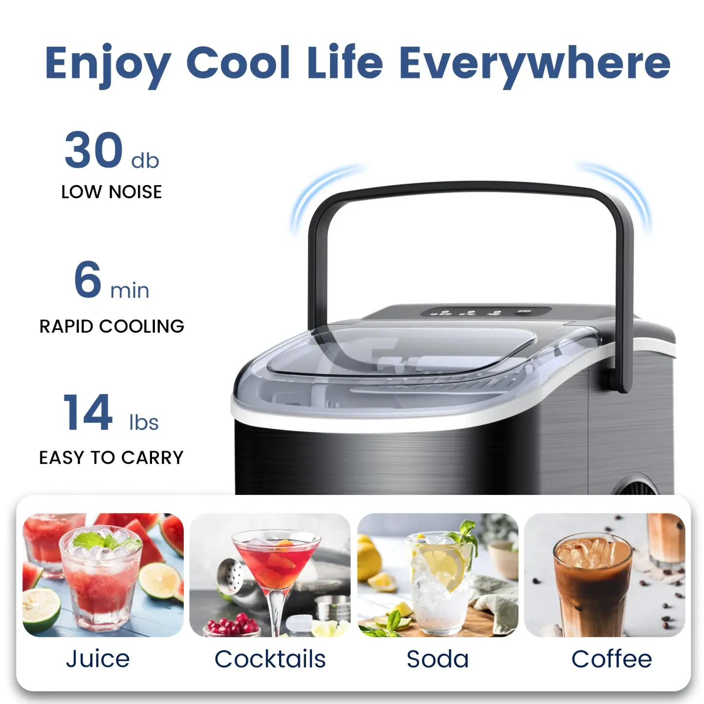 Máquina de Hielo Portátil para Encimera, Autolimpieza, Produce 26,5 lb de Hielo en 24 Horas, 9 Cubos en 6 Minutos, Disponible en Acero Inoxidable o ABS, Ideal para Hogar, Oficina y Fiestas
