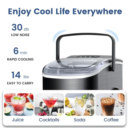 Máquina de Hielo Portátil para Encimera, Autolimpieza, Produce 26,5 lb de Hielo en 24 Horas, 9 Cubos en 6 Minutos, Disponible en Acero Inoxidable o ABS, Ideal para Hogar, Oficina y Fiestas
