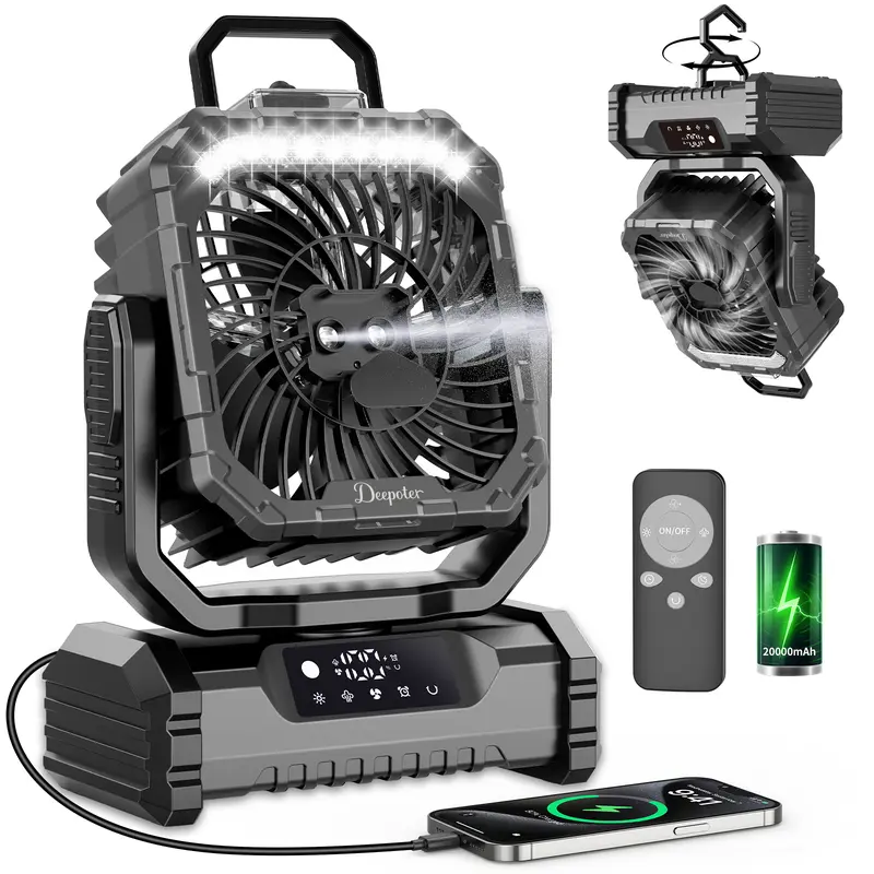 Ventilador Recargable para Camping con Luz LED, Pulverizador Humidificador, Cabezal Oscilante, Inalámbrico, Ligero y Portátil, Funciona con Batería
