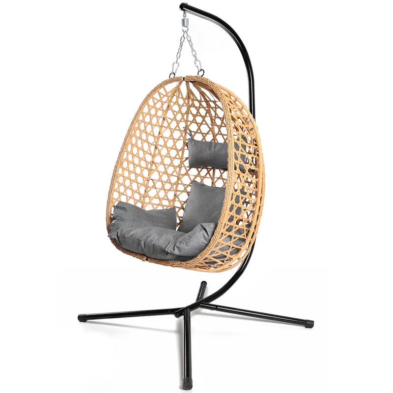 Silla Colgante Tipo Huevo de Ratán para Interior y Exterior, Soporta hasta 350 lb, con Cojín Cómodo para Patio, Jardín y Balcón