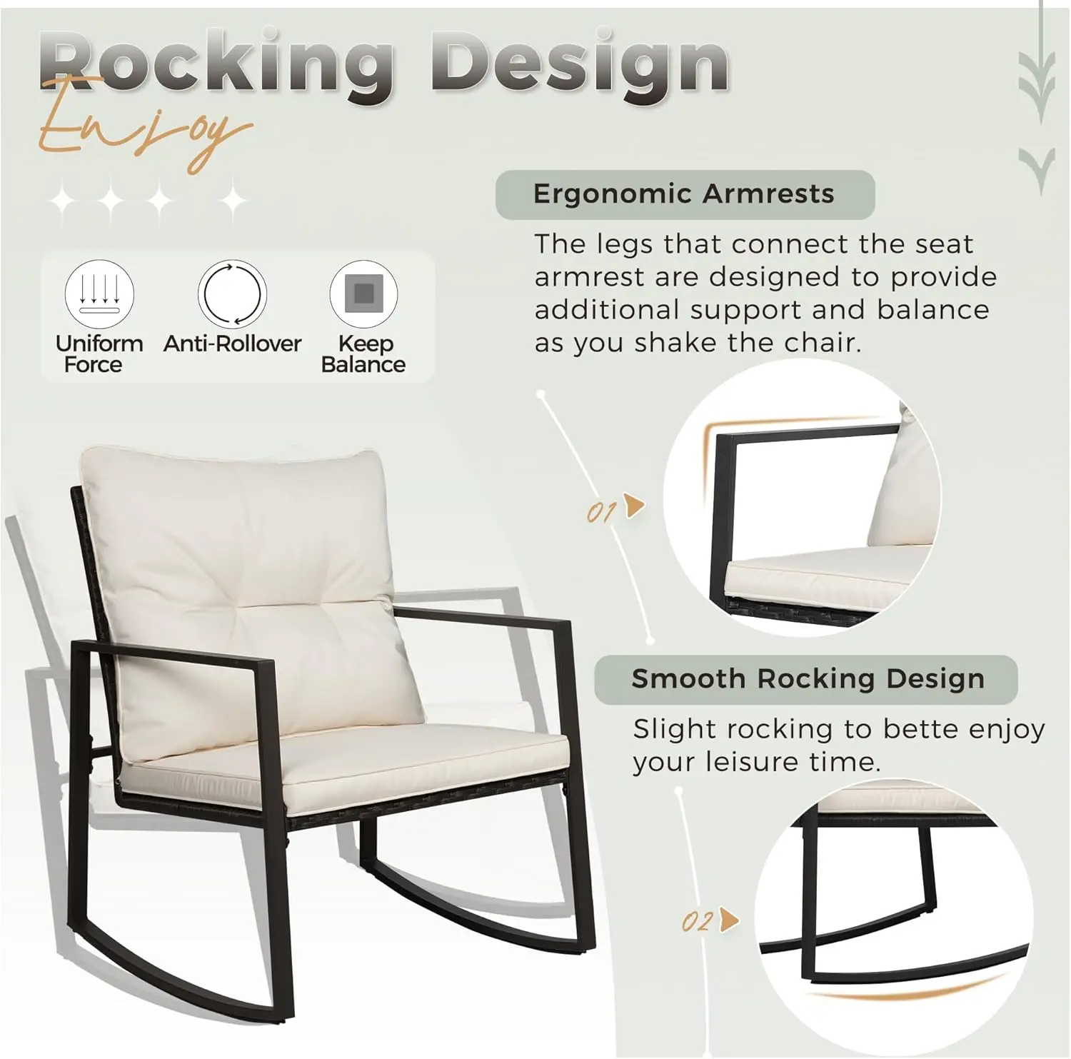 Set de bistró mecedor para exteriores de 3 piezas: muebles de mimbre negro, sillas para porche y mesa de centro de cristal.